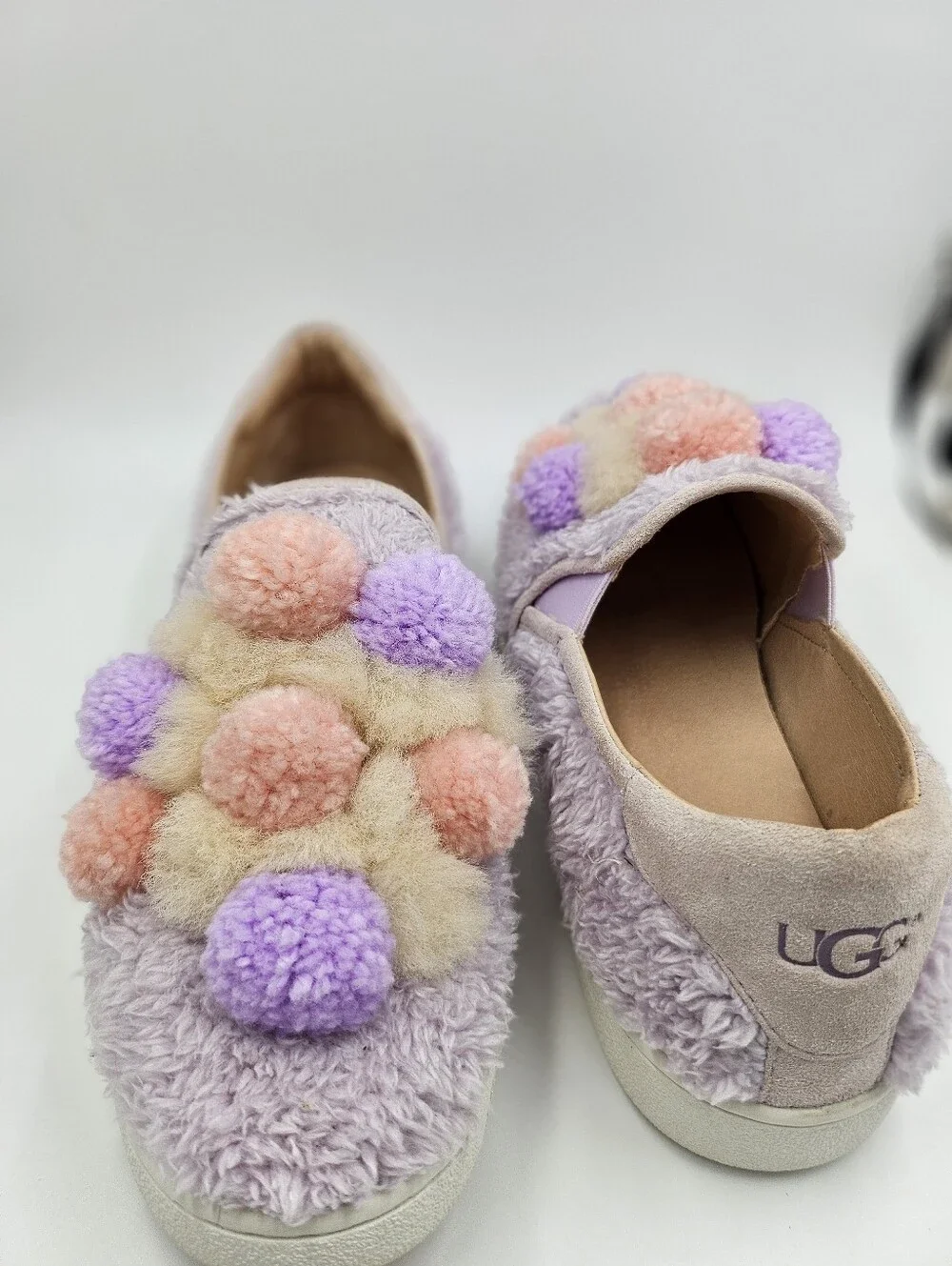 UGGS LAVENDER FOG RICCI FLUFF POM POM SLIP-ON SNEAKERS SHOES,ADULT SIZE US 9.5